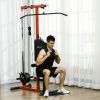 Lat Pull Down Machine, High / Low Pulley Machine with Adjustable Seat and Flip-Up Footplate, Red